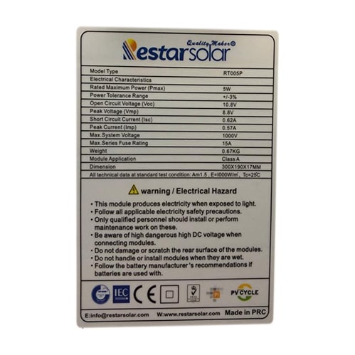 پلاک پنل خورشیدی 5 وات پلی کریستال Restar solar